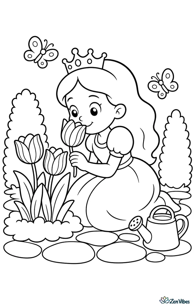 A princess in a simple gown kneels to smell striped tulips in a palace garden, with a stone path, two fluttering butterflies, trimmed hedges, and a small watering can beside her.