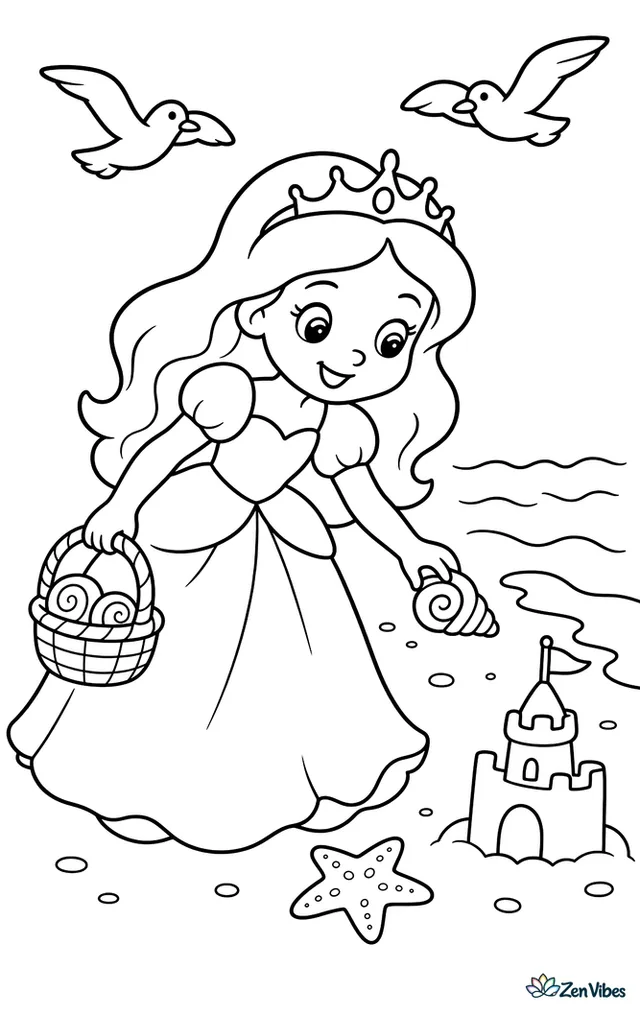A princess in a flowing dress walks along a sandy beach collecting spiral seashells, with gentle waves, a sandcastle, a starfish, and two seagulls gliding above the shoreline.