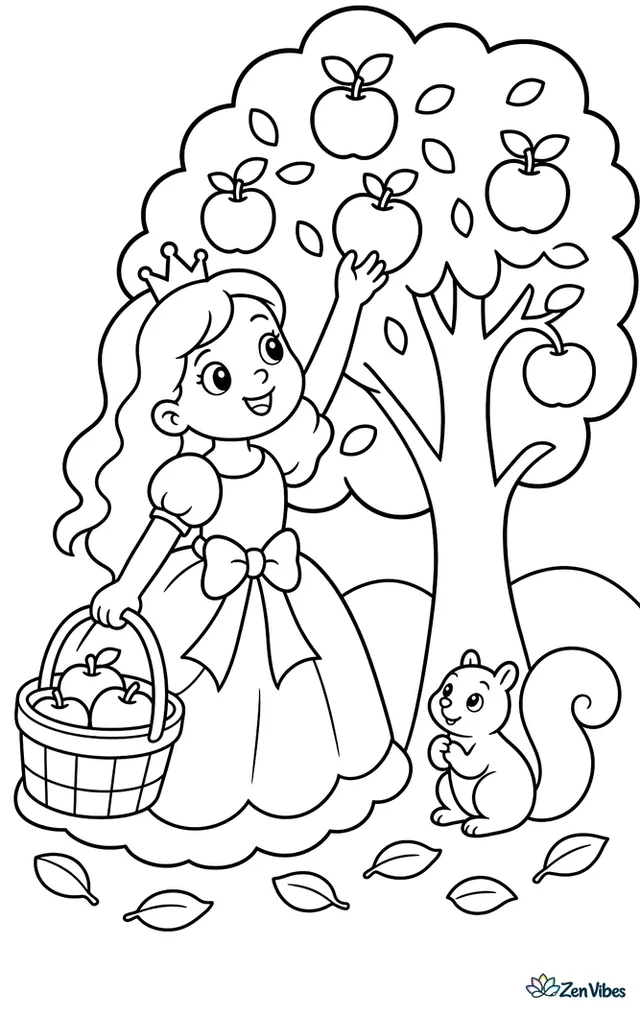 A princess in a ribboned dress reaches up to pick red apples in an orchard, with a wooden basket, fallen leaves, a friendly squirrel, and rolling hills behind the trees.