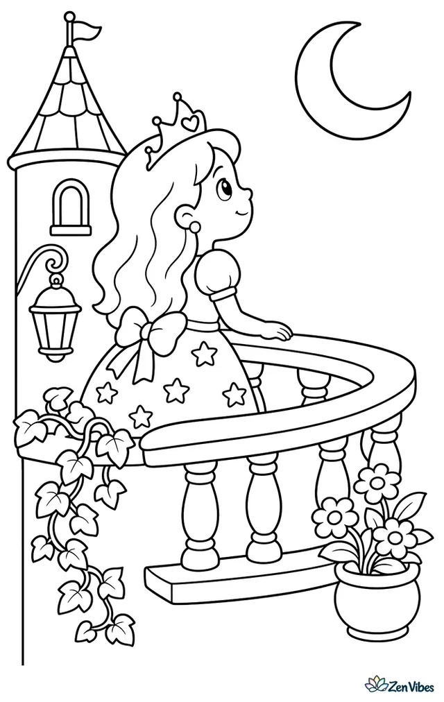 A princess in a star-patterned gown stands on a balcony looking at the crescent moon, with trailing ivy, a lantern, potted flowers, and a quiet castle tower nearby.