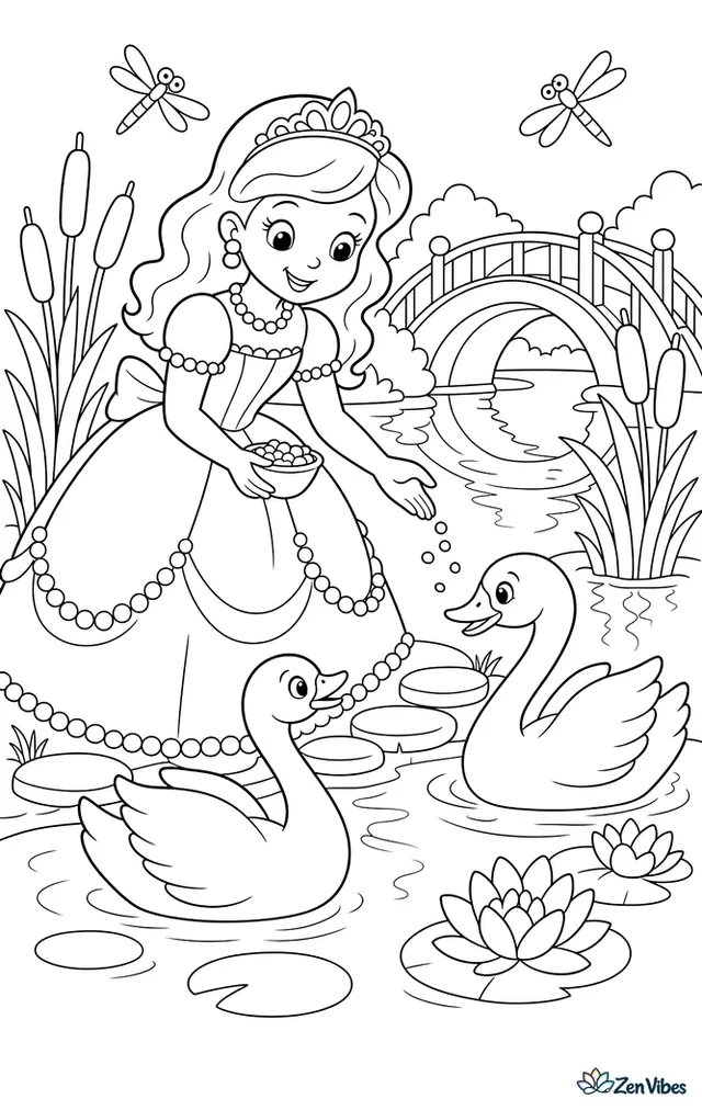 A princess in a pearl-trimmed dress feeds two swans at a lily pond, with cattails, stepping stones, dragonflies, and an arched bridge reflected in the calm water.