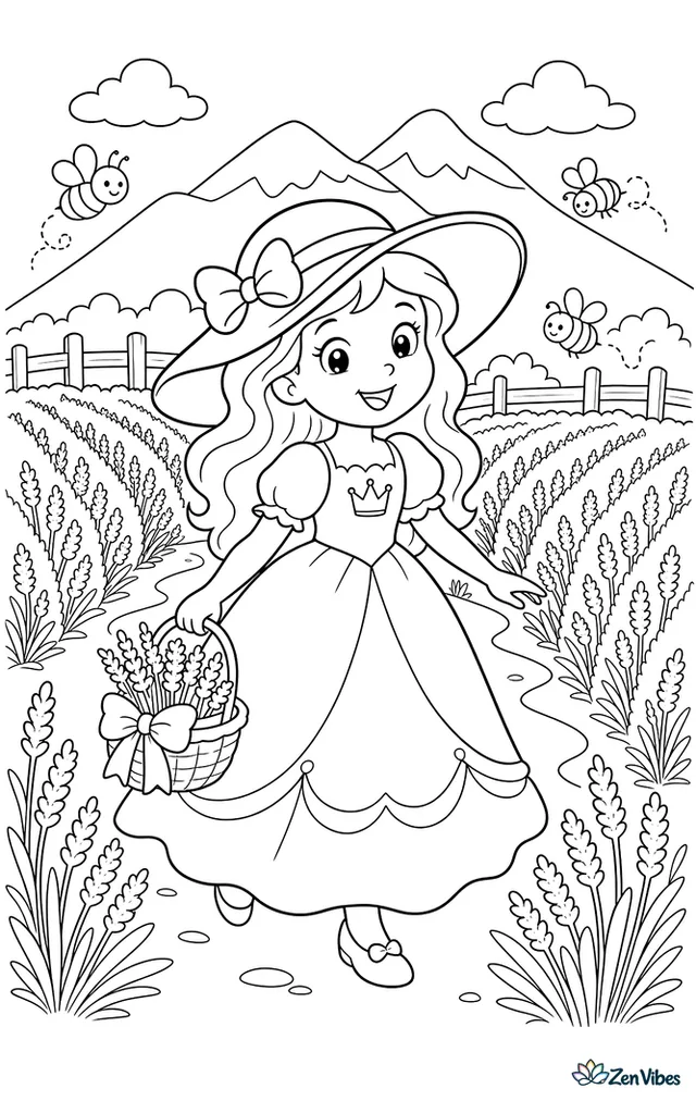 A princess in a sun hat strolls through blooming lavender rows carrying a ribbon basket, with buzzing bees, distant mountains, a wooden fence, and a winding path through the field.