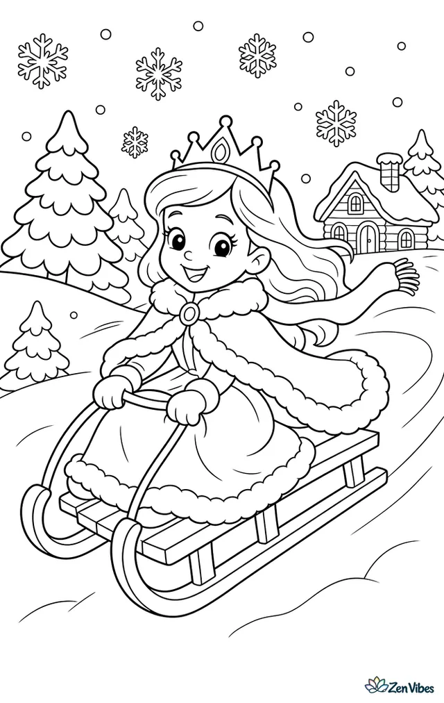 A princess in a fur-lined cape rides a wooden sled down a gentle snowy hill, with pine trees, snowflakes, a scarf trailing behind, and a cozy lodge in the distance.