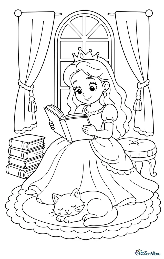 A princess in a long gown reads an open book by a tall library window, with stacked books, a cushioned stool, patterned curtains, and a cat napping on the rug.