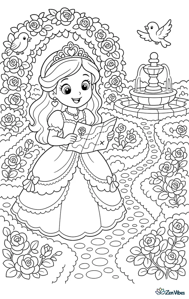 A princess in a lace dress explores a rose hedge maze holding a small map, with blooming arches, a stone fountain, songbirds, and pebbled paths branching around her.