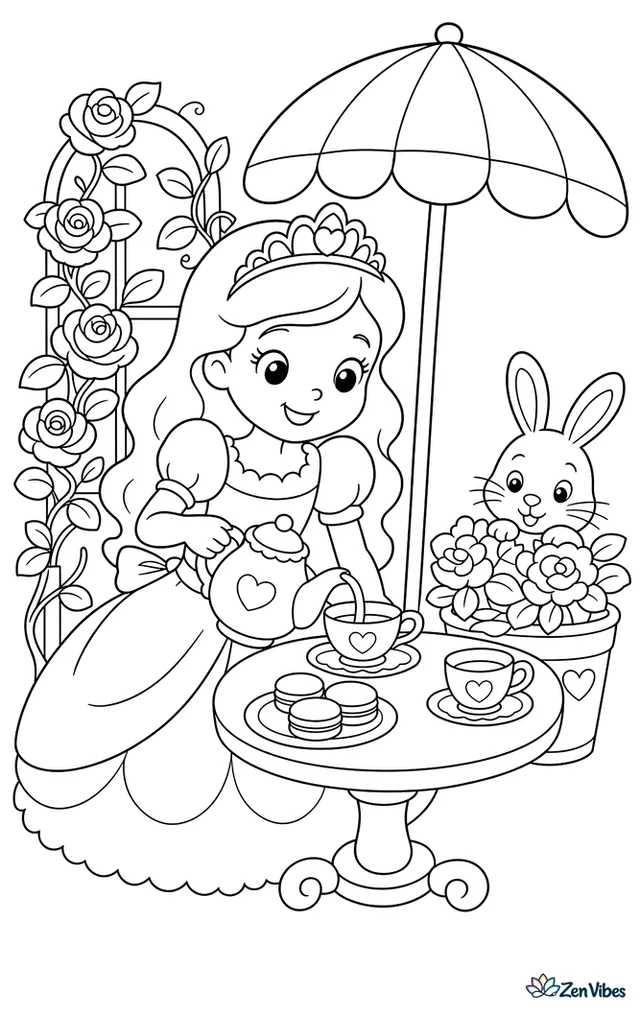 A princess in a puff-sleeved dress pours tea at a garden table, with teacups, macarons, climbing roses, a striped umbrella, and a rabbit peeking from behind a flowerpot.