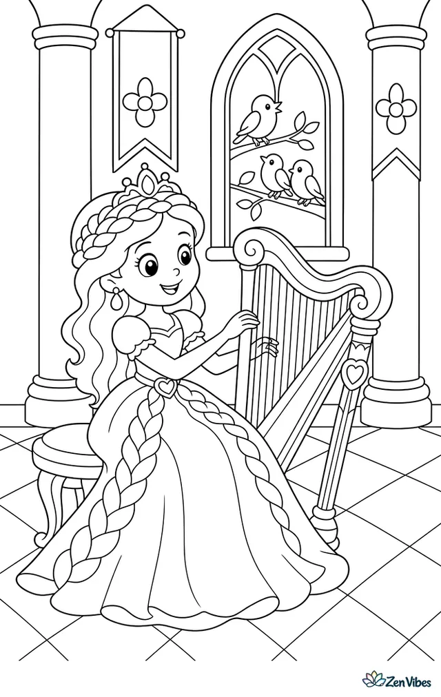 A princess in a braided gown plays a harp in a grand hall, with tall columns, patterned tiles, hanging banners, and three songbirds perched near an open window.