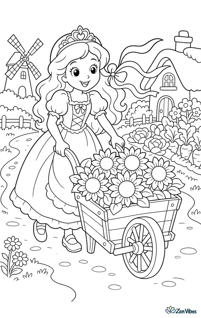 A princess in a country dress pushes a wooden cart filled with sunflowers, with a dirt lane, fluttering ribbons, a windmill, and rows of vegetables beside a cottage garden.