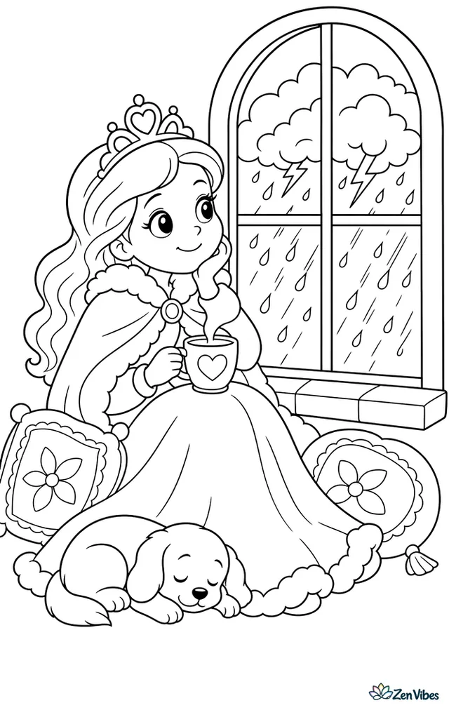 A princess in a cozy cape watches raindrops race down a castle window, with thunderclouds outside, a steaming cup, embroidered cushions, and a sleepy puppy curled at her feet.
