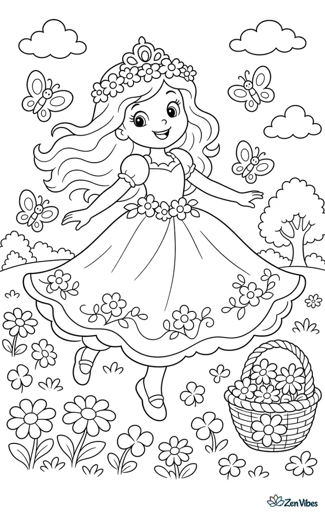 A princess in a flower-crowned dress spins through a meadow as butterflies surround her, with daisies, clover, a wicker basket, and distant trees under puffy clouds.