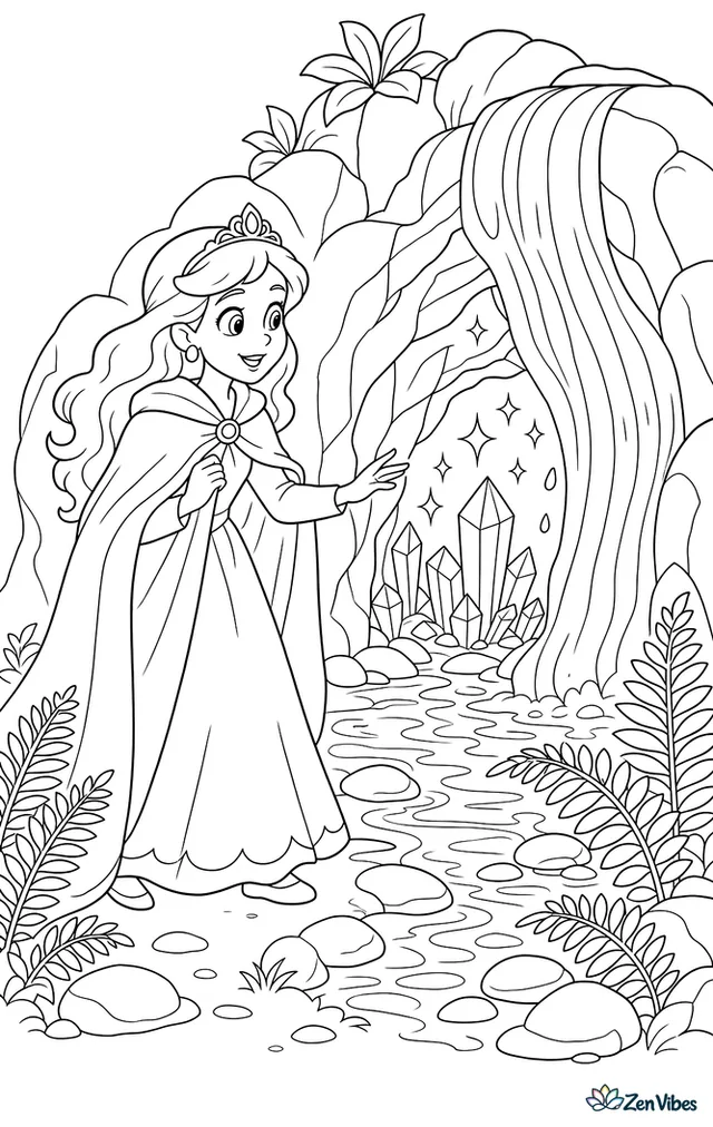 A princess in a traveling cloak discovers a sparkling cave behind a waterfall, with crystal formations, smooth stones, fern fronds, and a shallow pool reflecting the entrance light.