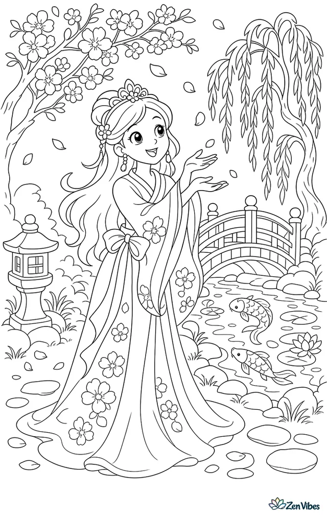 A princess in a ribboned kimono-style gown stands beneath cherry blossoms, catching falling petals in her hands, with a curved footbridge, koi pond, lanterns, and a graceful willow nearby.