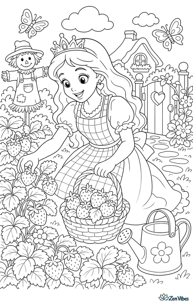 A princess in a checked apron gathers ripe strawberries into a basket, with leafy rows, a scarecrow, fluttering butterflies, a watering jug, and a cottage garden gate behind her.