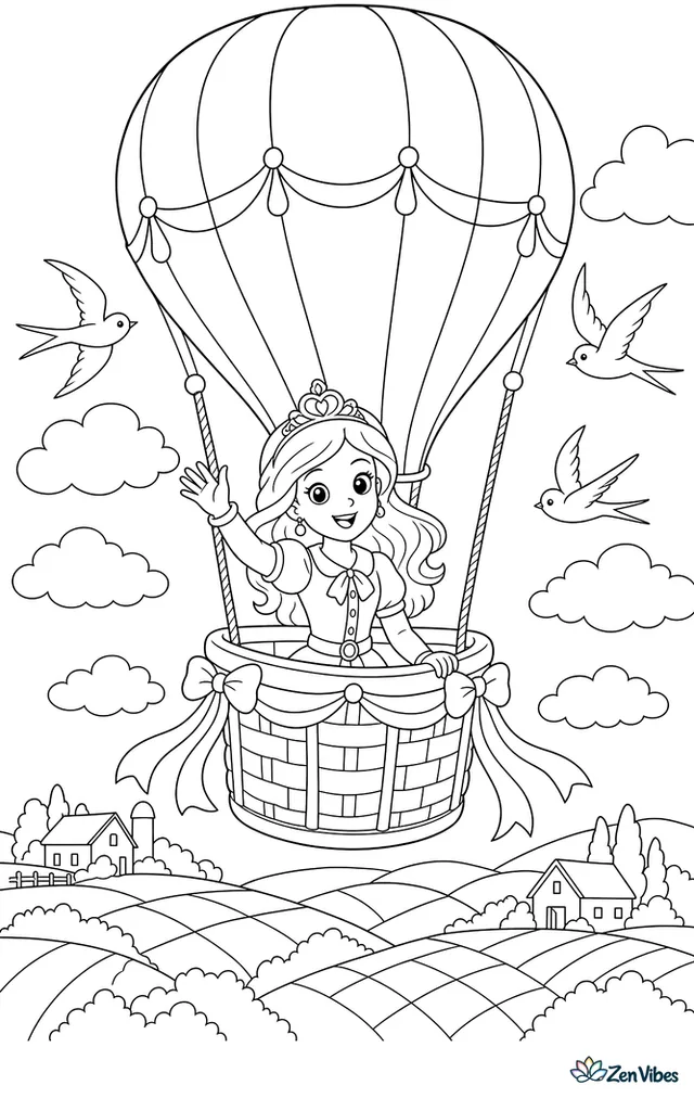 A princess in a travel dress waves from a hot air balloon basket drifting above patchwork fields, with fluffy clouds, circling swallows, distant farmhouses, and ribbons tied to the basket.