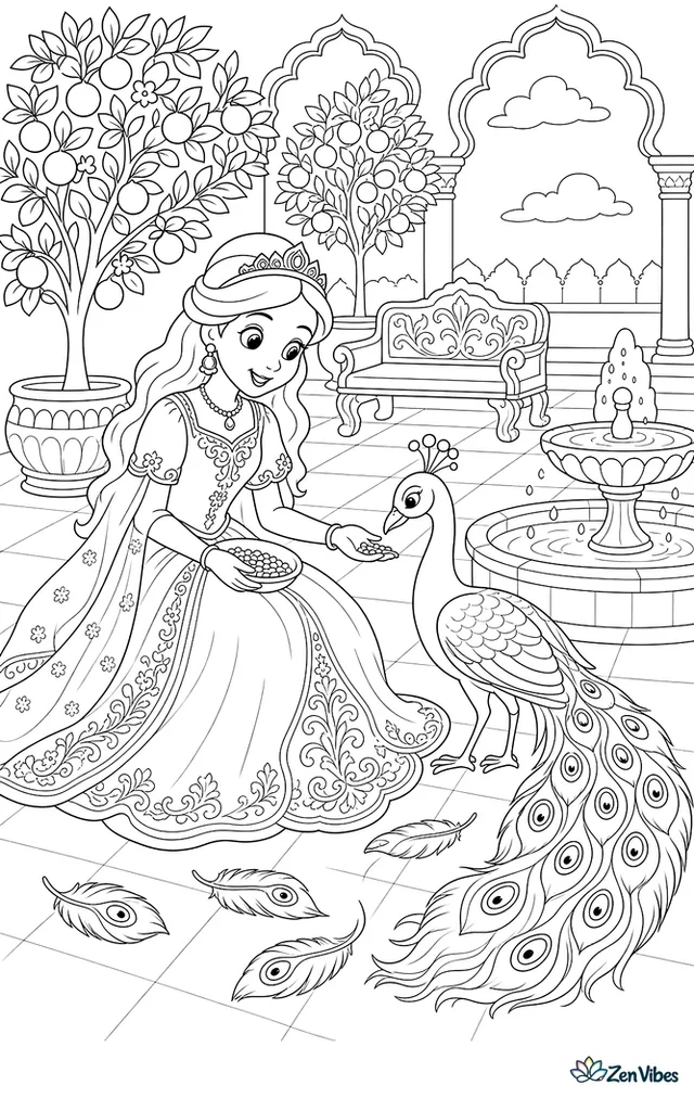 A princess in an embroidered gown offers grain to a peacock in a tiled courtyard, with orange trees, carved arches, a marble bench, and scattered feathers near a bubbling fountain.