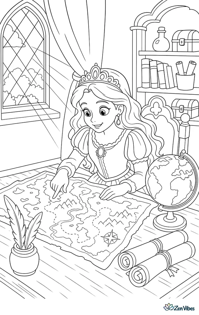 A princess in a velvet dress studies a large map spread across a table, with a globe, rolled scrolls, quill pens, shelves, and sunlight falling through diamond-paned windows.