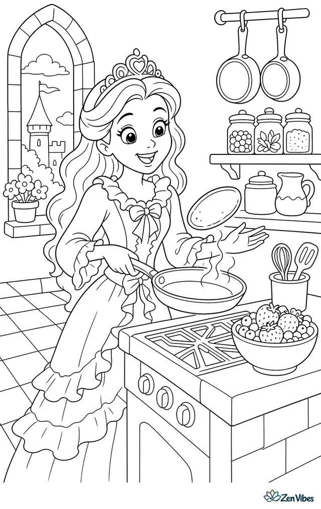 A princess in a ruffled morning dress flips pancakes in a bright castle kitchen, with copper pans, a bowl of berries, steam rising, checkered tiles, and open shelves of jars.