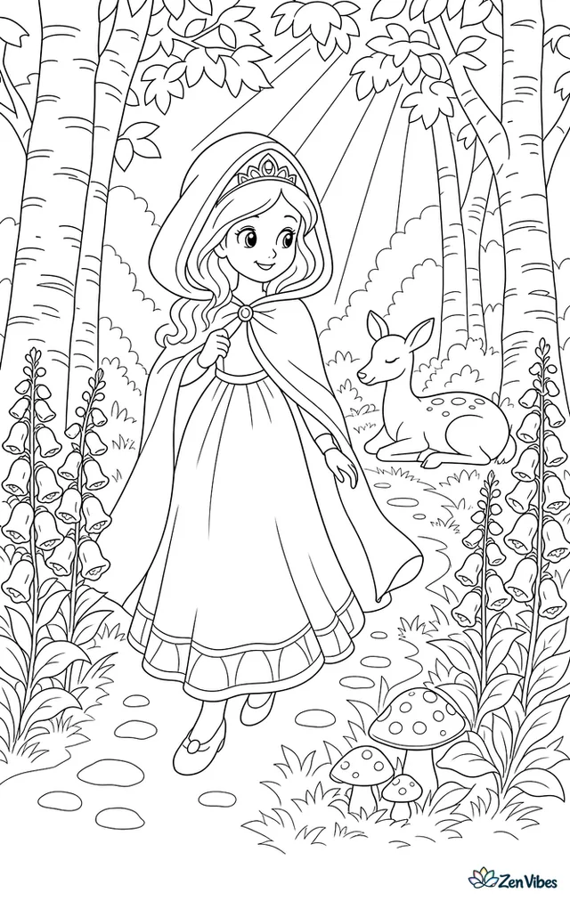 A princess in a hooded cape follows a forest trail lined with foxgloves, with mushrooms, tall birch trees, a resting deer, and sunbeams shining through the leaves overhead.