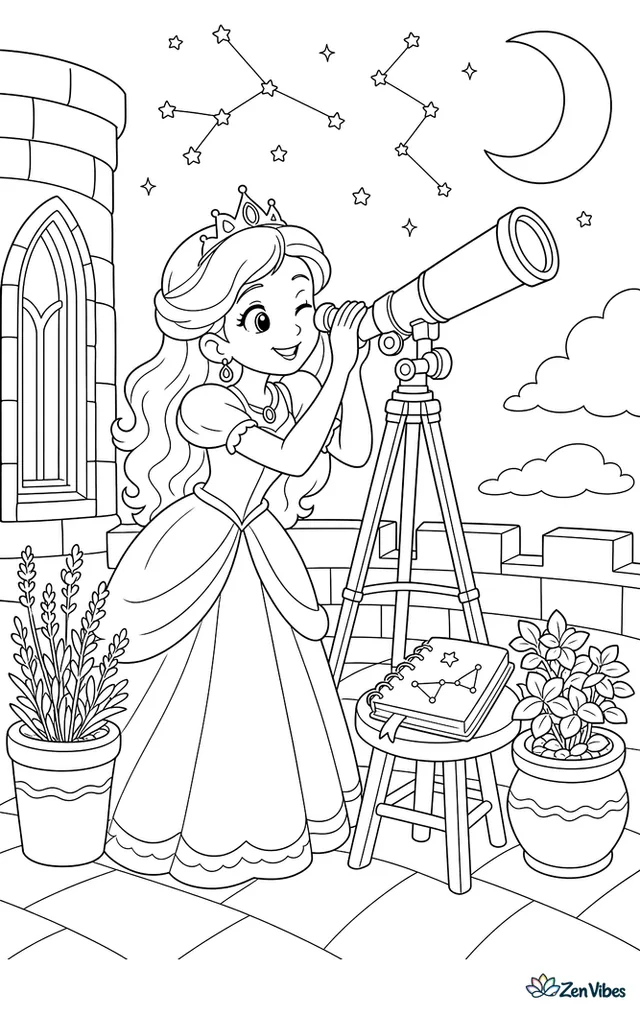 A princess in a midnight-blue gown looks through a telescope from a tower terrace, with constellations above, a notebook on a stool, potted herbs, and a crescent moon shining brightly.