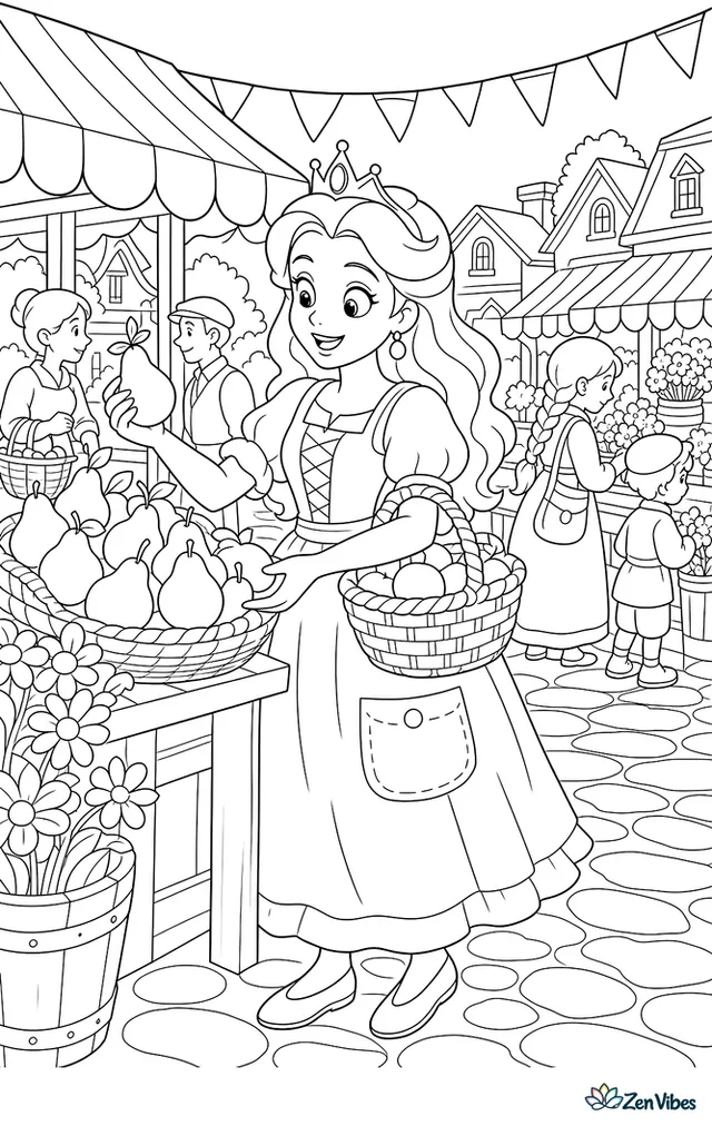 A princess in a practical skirt selects pears at a village market, with striped awnings, baskets of produce, cobblestones, flower stalls, and townspeople browsing beneath fluttering pennants.