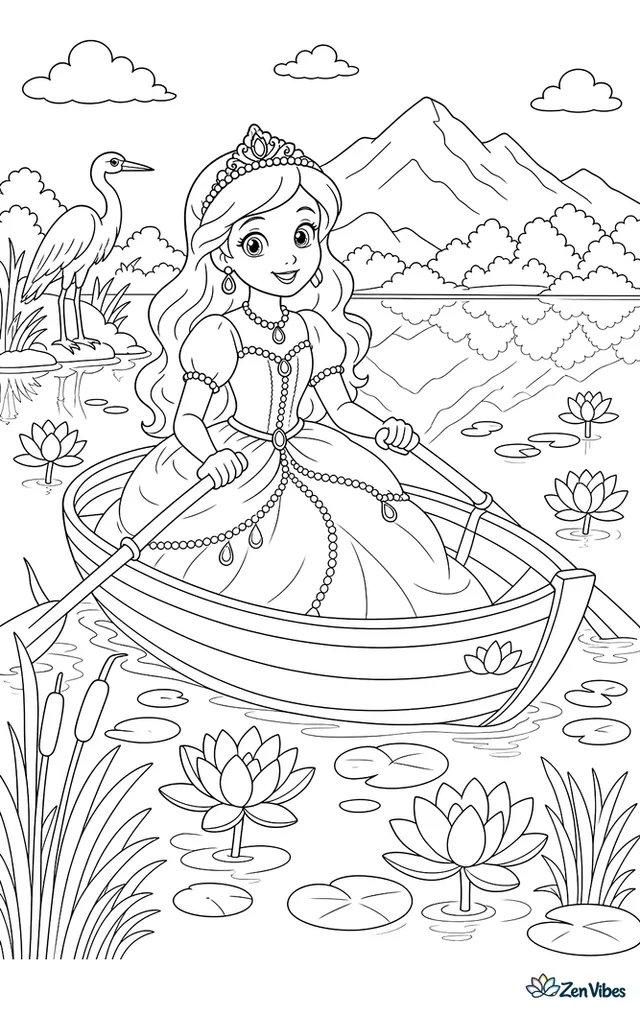 A princess in a beaded dress rides a small rowboat across a lotus lake, with round lily pads, reeds, a heron on the shore, and mountains mirrored in the water.