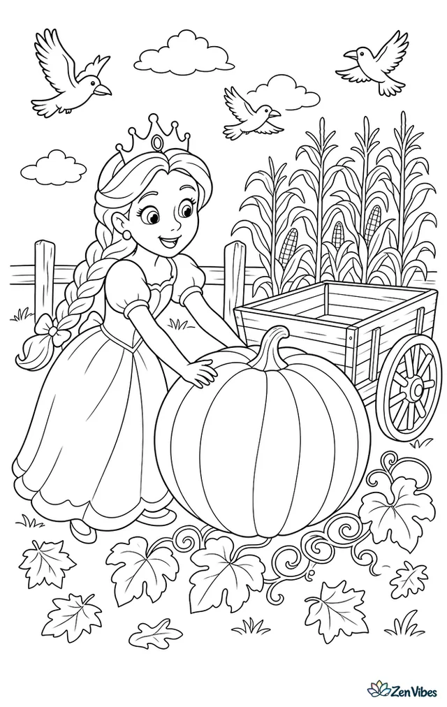 A princess in a braided hairstyle rolls a giant pumpkin toward a wagon, with vines, autumn leaves, cornstalks, a wooden fence, and crows flying over the harvested field.