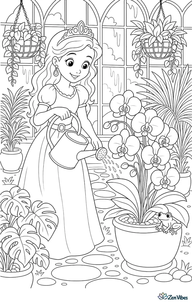 A princess in a belted dress waters orchids in a glasshouse, with hanging baskets, leafy palms, a stepping path, misty windowpanes, and a tiny tree frog perched on a pot.