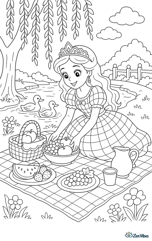 A princess in a gingham gown arranges a picnic beside a river, with a blanket, fruit, a basket, ducks paddling nearby, and willow branches draping over the bank.