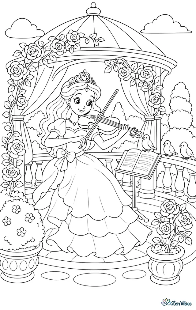 A princess in a layered dress plays violin in a garden gazebo, with climbing roses, sheet music on a stand, fluttering curtains, topiary hedges, and birds gathered along the railing.