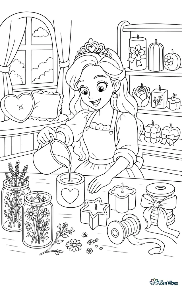 A princess in rolled sleeves pours wax into candle molds at a craft table, with jars of dried flowers, spools of ribbon, a window seat, and shelves lined with finished candles.