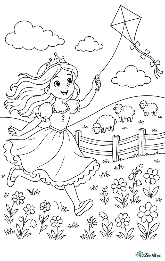 A princess in a light spring dress runs across a windy hill flying a diamond kite, with wildflowers, a split-rail fence, drifting clouds, and sheep grazing on the slope.