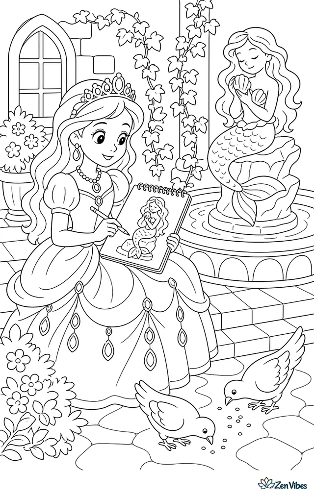 A princess in a jeweled gown sketches a mermaid statue in a courtyard fountain, with sketchbook pages, ivy-covered walls, tiled steps, and doves pecking near the basin.