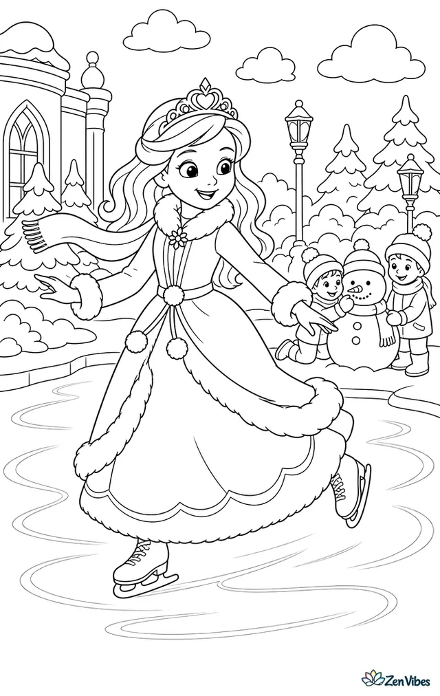 A princess in a fur-trimmed dress glides across a frozen palace pond, with snowy trees, lantern posts, a scarf fluttering behind, and children building a snowman near the shore.