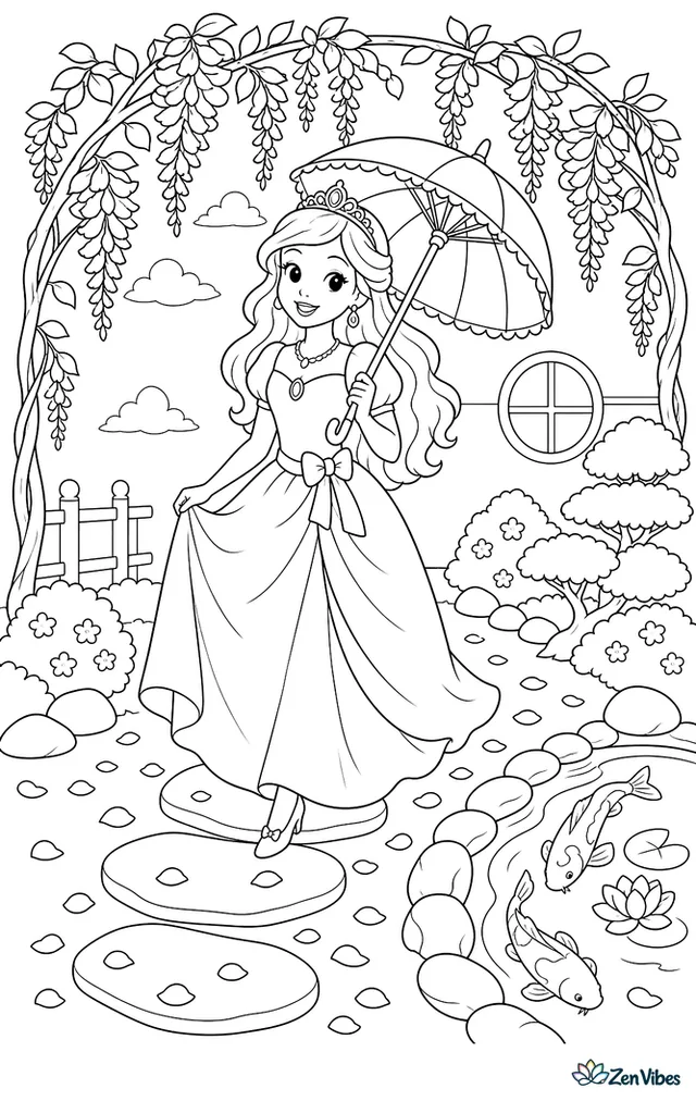A princess in a satin dress walks beneath drooping wisteria arches, carrying a parasol, with stepping stones, a koi pond edge, trimmed shrubs, and petals scattered across the path.