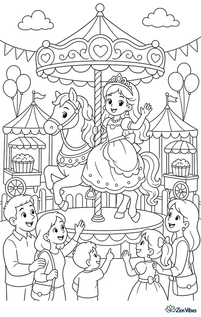 A princess in a festive dress rides a carved carousel horse at a fair, with striped tents, balloons, bunting, popcorn carts, and smiling families gathered around the platform.