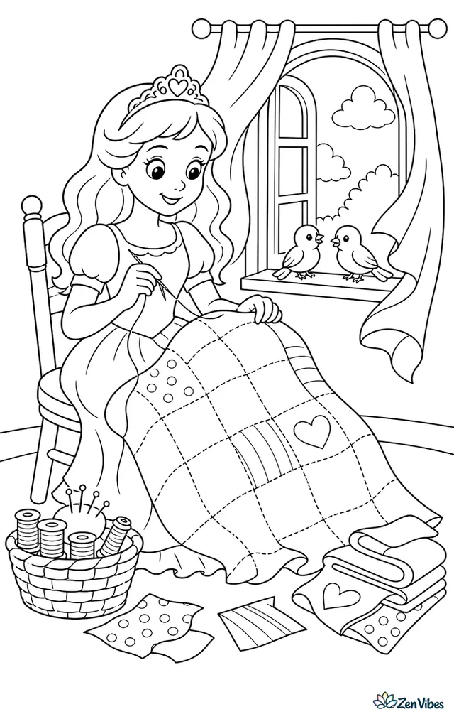 A princess in a simple day dress sews a quilt by an open window, with bluebirds on the sill, fabric scraps, a basket of thread, and curtains billowing into the room.