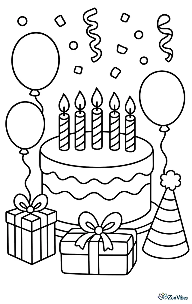 A round birthday cake with five candles sits on a table while balloons, wrapped presents, and a striped party hat surround it beneath curling streamers and confetti.