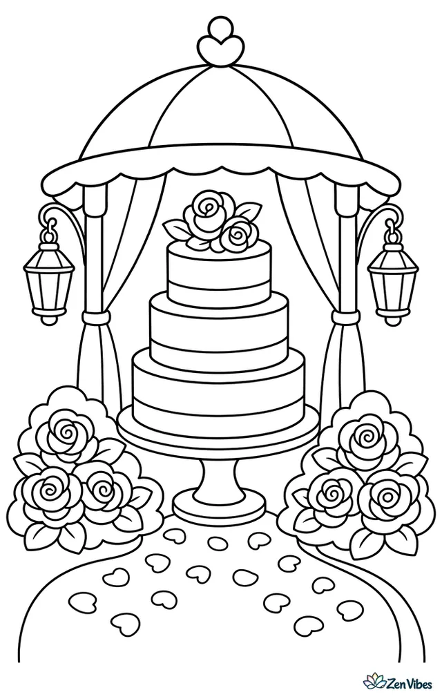 A three-tier wedding cake with ribbon bands stands on a pedestal in a garden gazebo, with rose bushes, hanging lanterns, and a neat path of flower petals nearby.