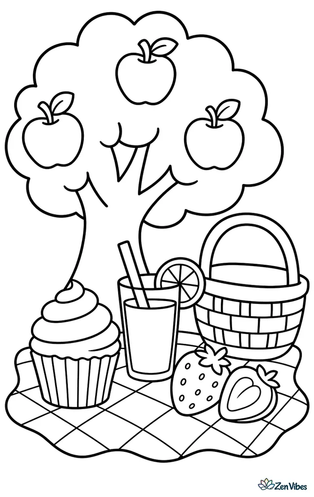 A vanilla cupcake with swirled frosting rests on a picnic blanket beside a lemonade glass, sliced strawberries, and a basket under a shady apple tree.