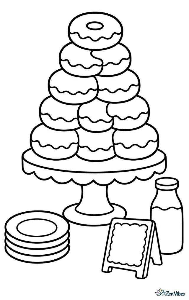 A stacked donut cake tower sits on a bakery stand while small plates, a milk bottle, and a chalkboard menu decorate the cozy counter around it.