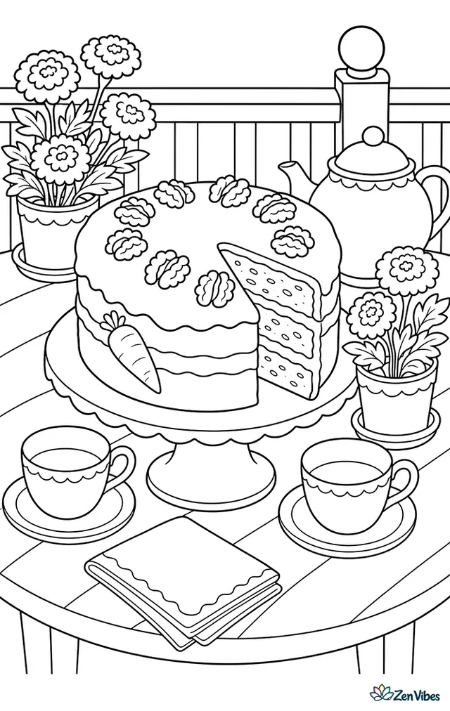 A carrot layer cake topped with walnuts is being served on a porch table, with teacups, a teapot, napkins, and potted marigolds around the setting.