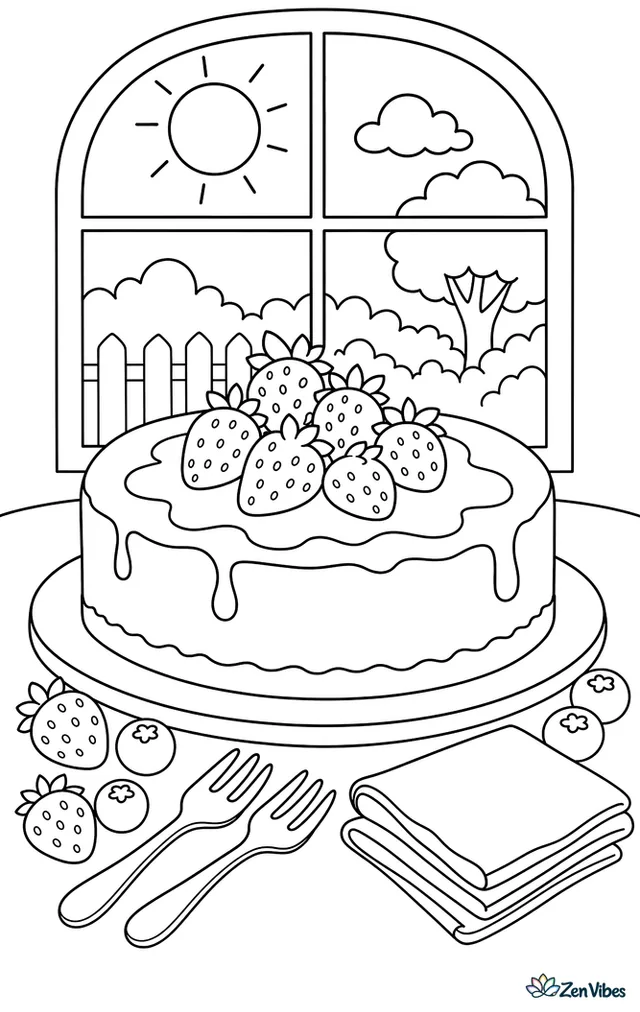A New York cheesecake with strawberry topping sits on a dessert table surrounded by loose berries, dessert forks, folded napkins, and a window showing a sunny backyard.