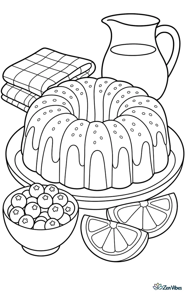 A lemon Bundt cake dusted with sugar rests on a kitchen counter beside orange slices, a juice pitcher, checked towels, and a bowl of fresh blueberries.