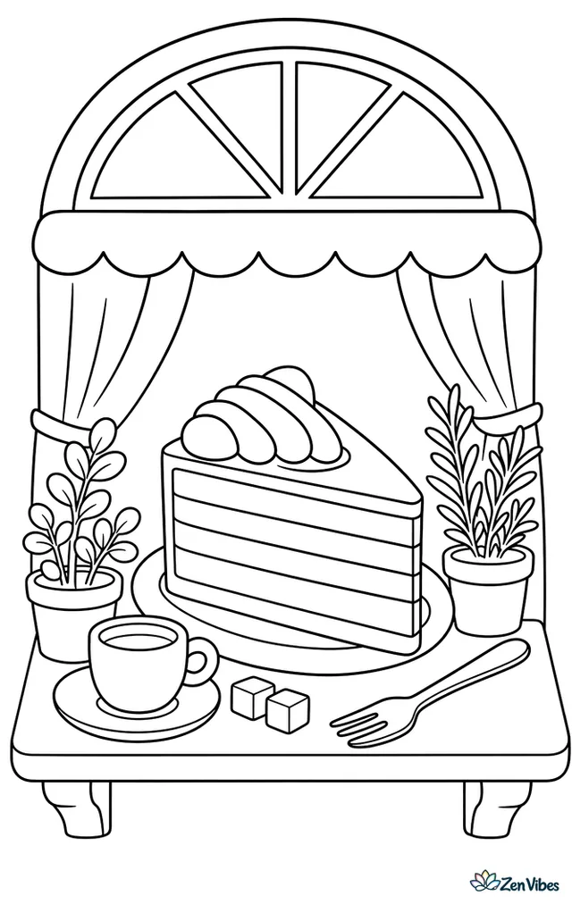 An opera cake slice is displayed in a cafe window with a tiny espresso cup, sugar cubes, a dessert fork, and potted herbs lining the sill.