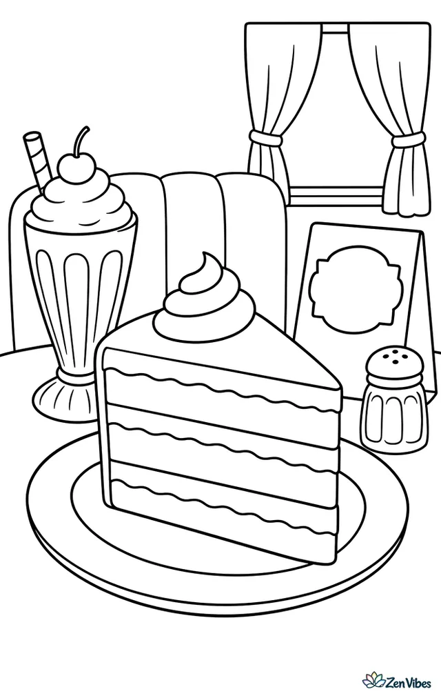 A red velvet cake slice waits on a plate at a diner booth, with a milkshake glass, menu card, salt shaker, and curtained window nearby.