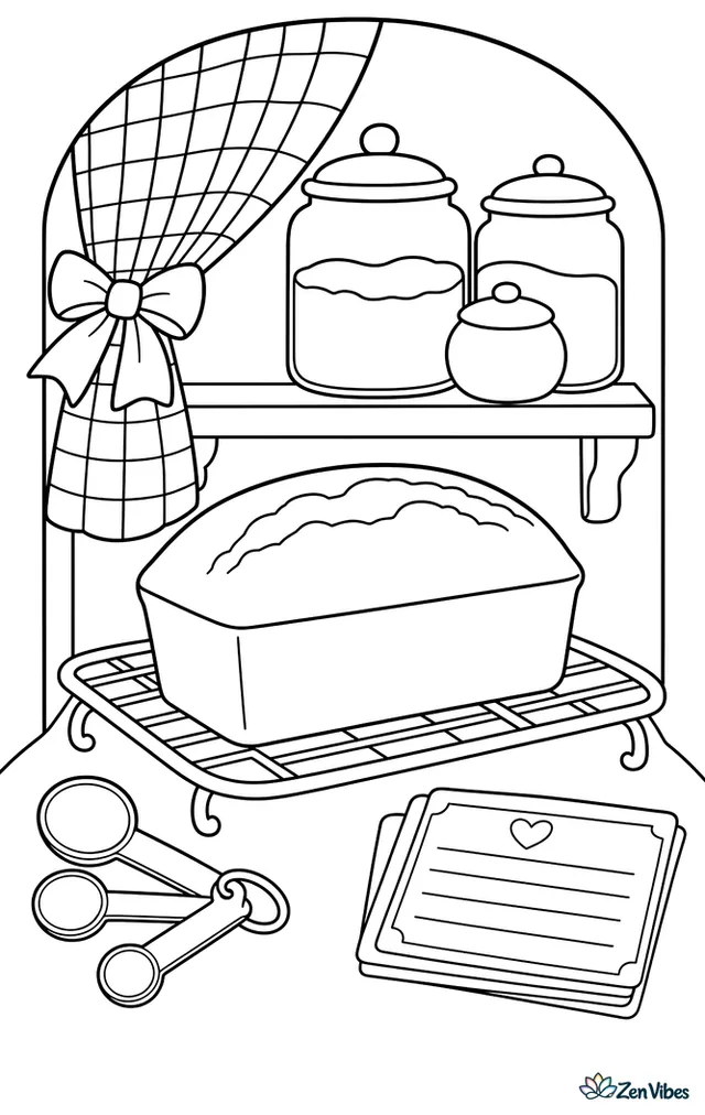 A loaf-shaped pound cake cools on a rack in a pantry nook, surrounded by flour jars, measuring spoons, recipe cards, and a gingham curtain.