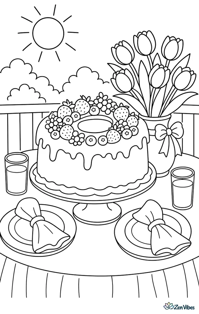 An angel food cake topped with berries is set out for brunch with juice glasses, cloth napkins, tulips in a vase, and plates on a sunny patio table.