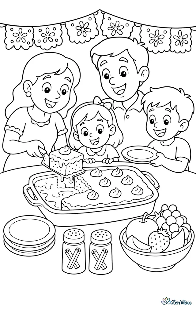 A tres leches cake in a baking dish is being served at a family table, with cinnamon shakers, dessert plates, paper banners, and a bowl of fruit nearby.