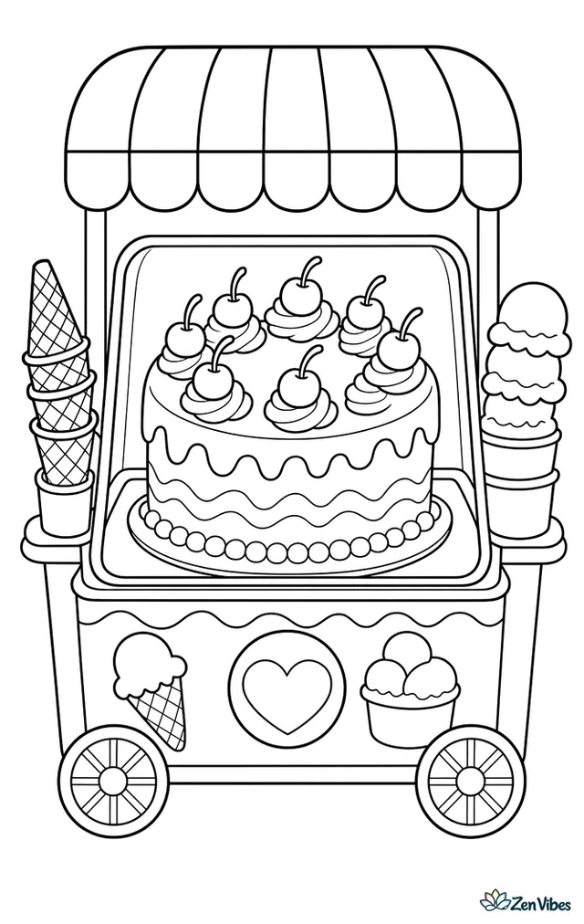 An ice cream cake decorated with cherries sits in a dessert cart freezer, with cones, scoops, sprinkles jars, and a striped awning framing the scene.