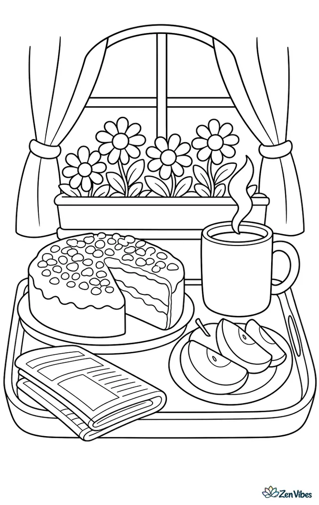 A cinnamon coffee cake rests on a breakfast tray near a steaming mug, sliced apples, a newspaper, and a window box filled with daisies.